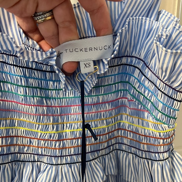 Tuckernuck Stripe Smocked Top, Size XS, Blue & White w/ Rainbow Threading-BNWT - Picture 3 of 3